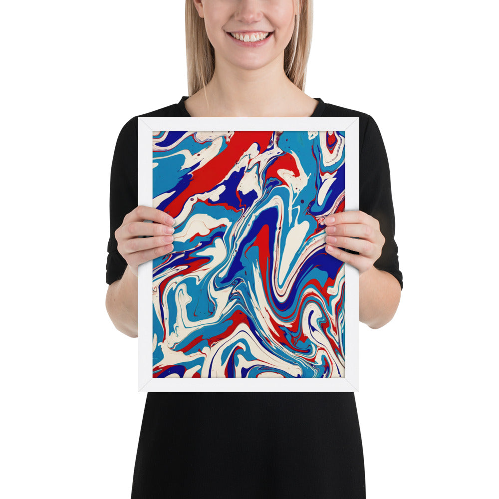 Vibrant Red, White & Blue Flow Acrylic Painting Framed Fine Art Poster Print - Elegant Abstract Modern Art for Home And Office Wall Décor