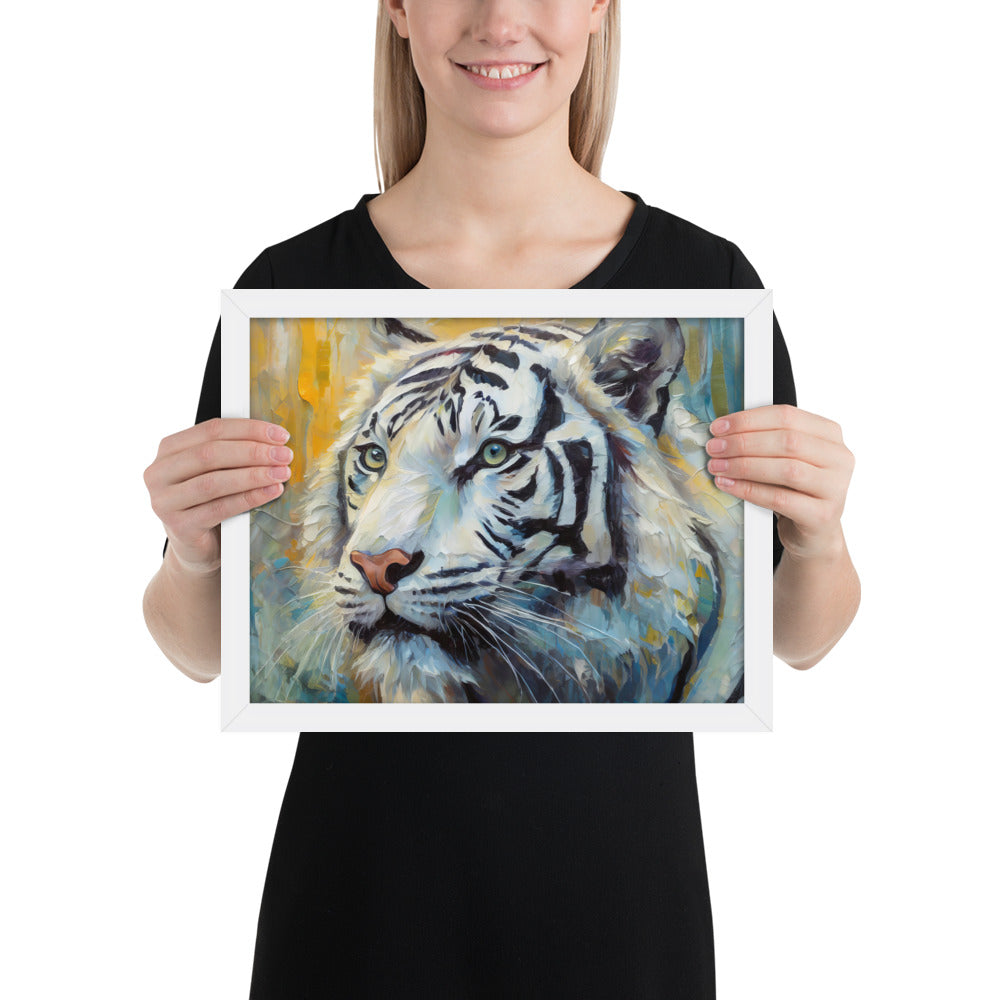 Majestic White Tiger Oil Painting Framed Poster Print - Vibrant, Stylish, Art Gift for Nature &amp; Wildlife Lovers, Home And Office Wall Décor
