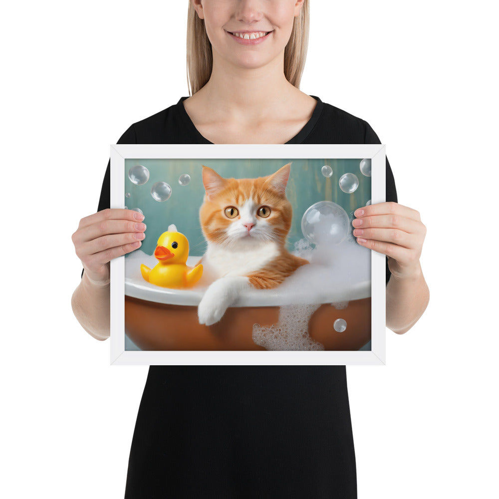 Adorable Cat Bubble Bath Framed Fine Art Poster Print - Perfect for Cat Lovers, Pet Enthusiasts, Kids, And Home Décor - Cute &amp; Funny Design