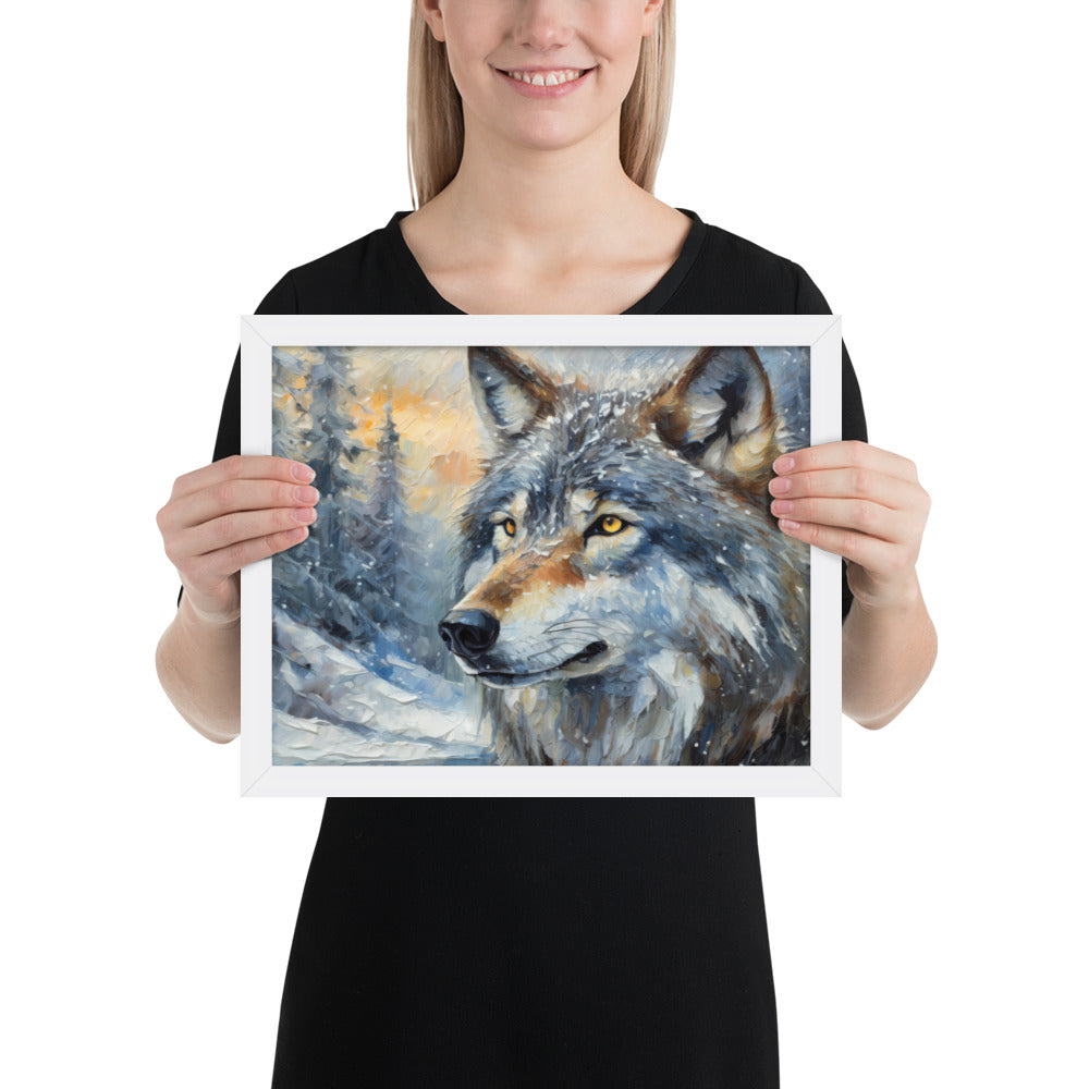 Beautiful Grey Wolf Framed Fine Art Poster Print - Vibrant Oil Painting, Winter Landscape, Perfect Gift For Nature, Winter &amp; Wildlife Lovers