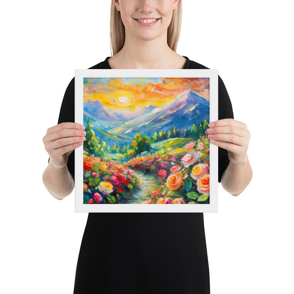 mountains, flowers, roses, sunset, clouds, landscape, scenic, colors, colorful,