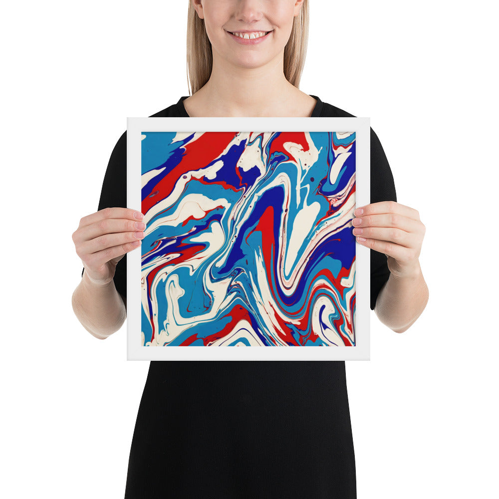 Vibrant Red, White & Blue Flow Acrylic Painting Framed Fine Art Poster Print - Elegant Abstract Modern Art for Home And Office Wall Décor