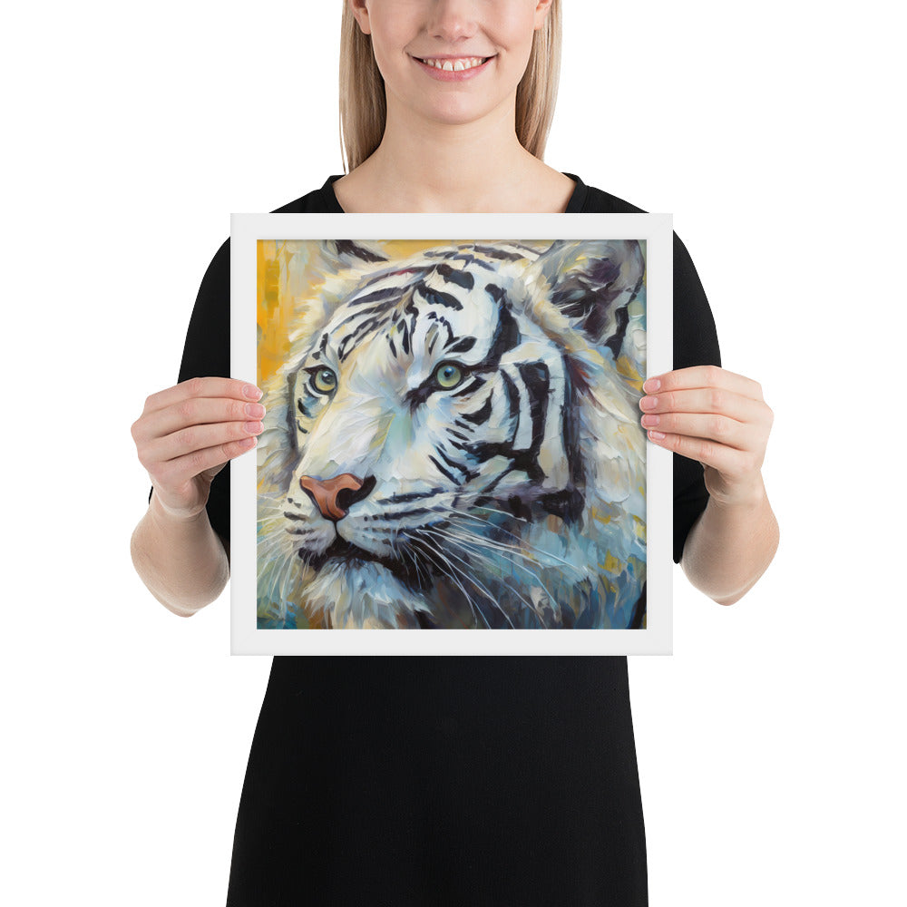 Majestic White Tiger Oil Painting Framed Poster Print - Vibrant, Stylish, Art Gift for Nature &amp; Wildlife Lovers, Home And Office Wall Décor