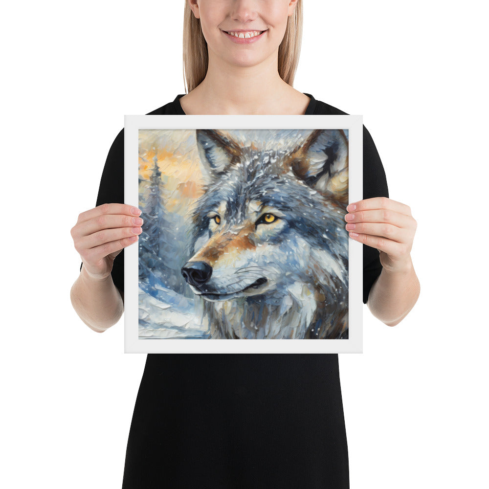 Beautiful Grey Wolf Framed Fine Art Poster Print - Vibrant Oil Painting, Winter Landscape, Perfect Gift For Nature, Winter &amp; Wildlife Lovers