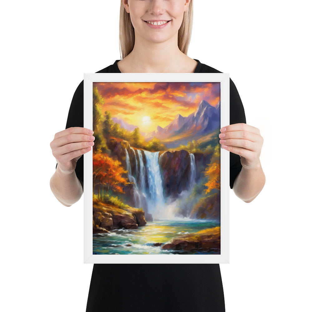 waterfall, waterfalls, nature, sunset, mountains, sunset, trees, clouds, art