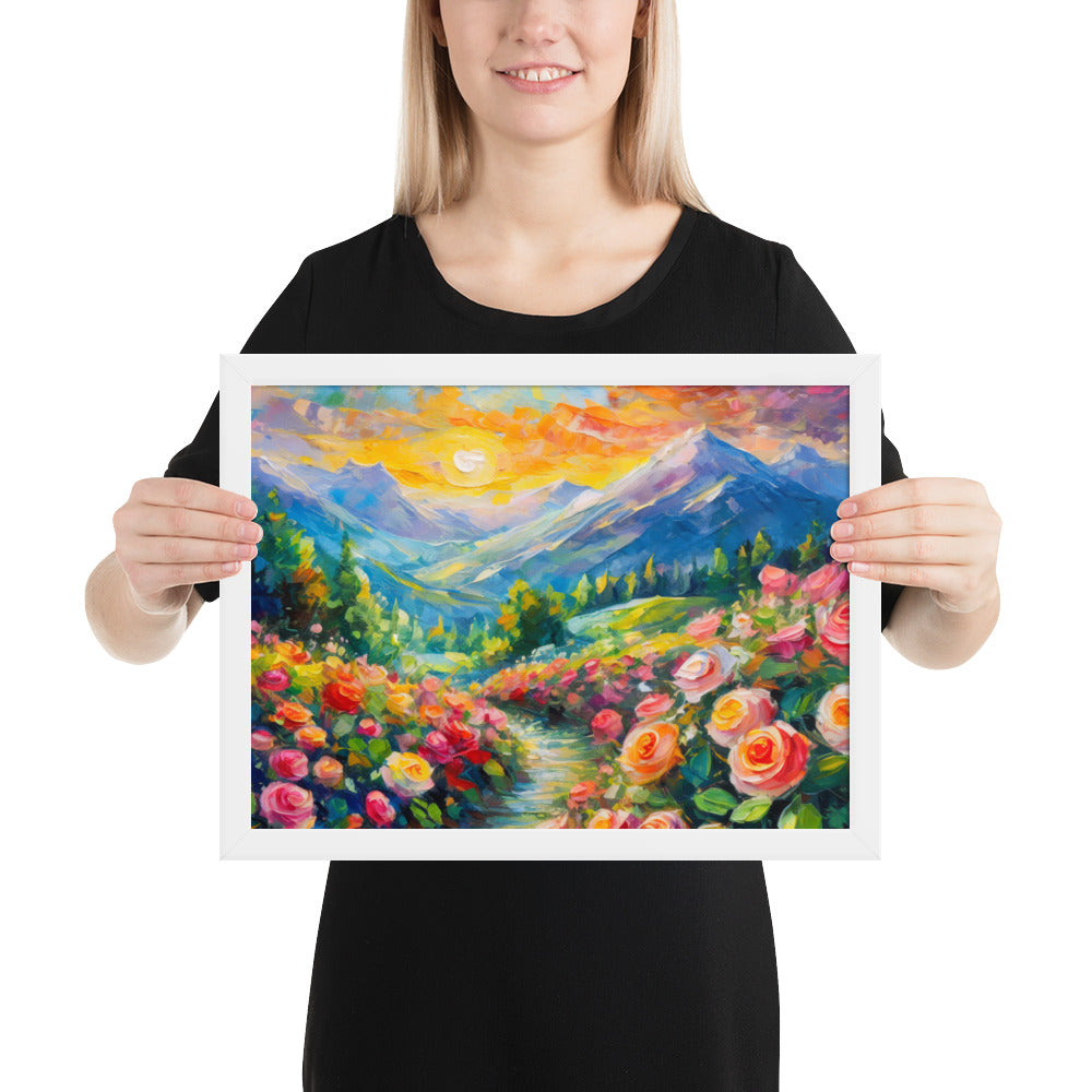 mountains, flowers, roses, sunset, clouds, landscape, scenic, colors, colorful,