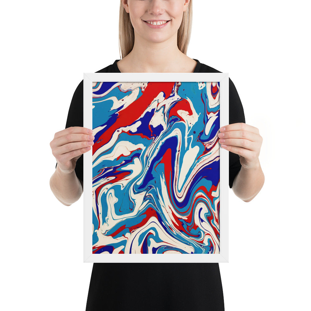 Vibrant Red, White & Blue Flow Acrylic Painting Framed Fine Art Poster Print - Elegant Abstract Modern Art for Home And Office Wall Décor
