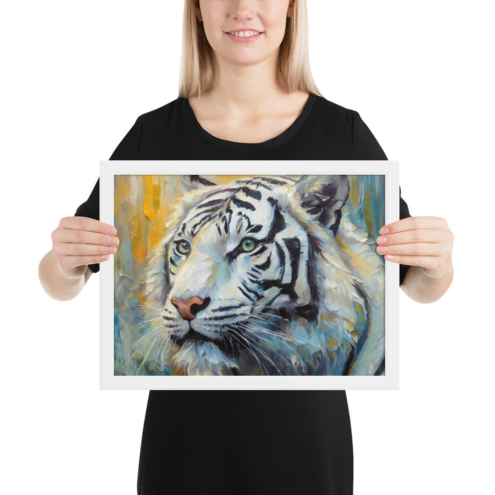Majestic White Tiger Oil Painting Framed Poster Print - Vibrant, Stylish, Art Gift for Nature &amp; Wildlife Lovers, Home And Office Wall Décor