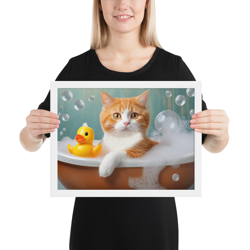 Adorable Cat Bubble Bath Framed Fine Art Poster Print - Perfect for Cat Lovers, Pet Enthusiasts, Kids, And Home Décor - Cute &amp; Funny Design