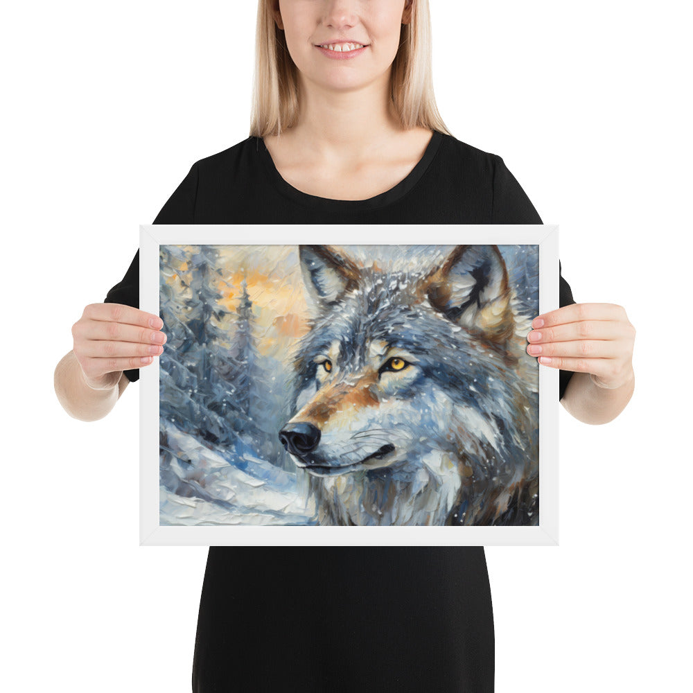 Beautiful Grey Wolf Framed Fine Art Poster Print - Vibrant Oil Painting, Winter Landscape, Perfect Gift For Nature, Winter &amp; Wildlife Lovers