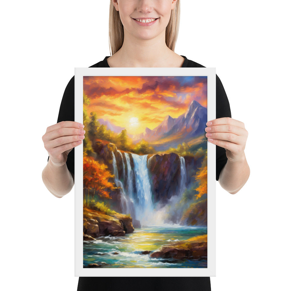waterfall, waterfalls, nature, sunset, mountains, sunset, trees, clouds, art