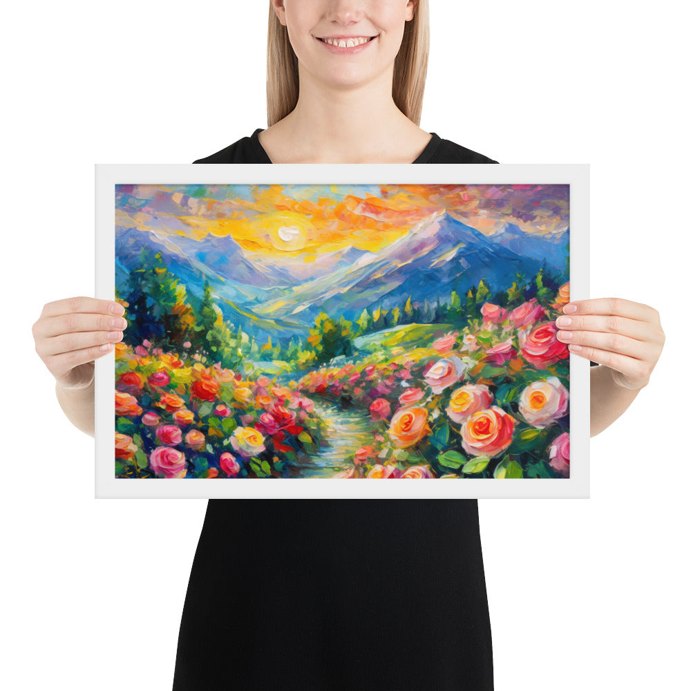 mountains, flowers, roses, sunset, clouds, landscape, scenic, colors, colorful,