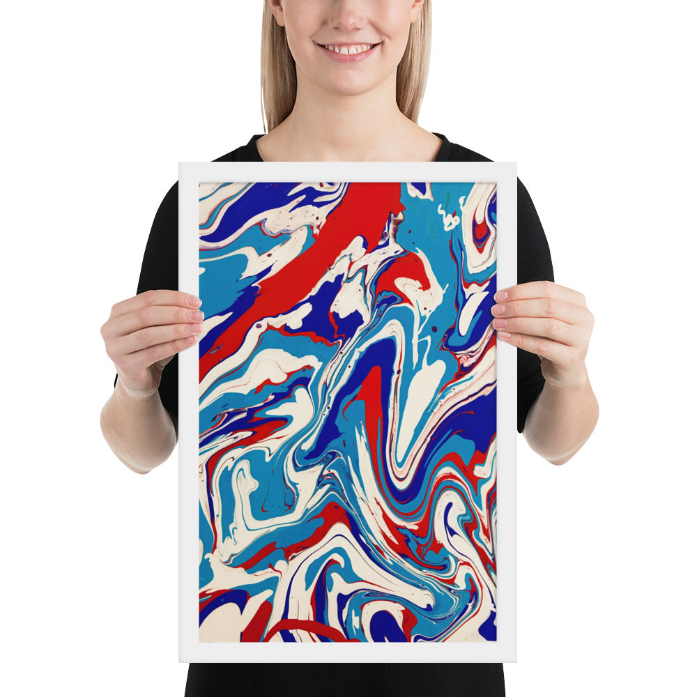 Vibrant Red, White & Blue Flow Acrylic Painting Framed Fine Art Poster Print - Elegant Abstract Modern Art for Home And Office Wall Décor