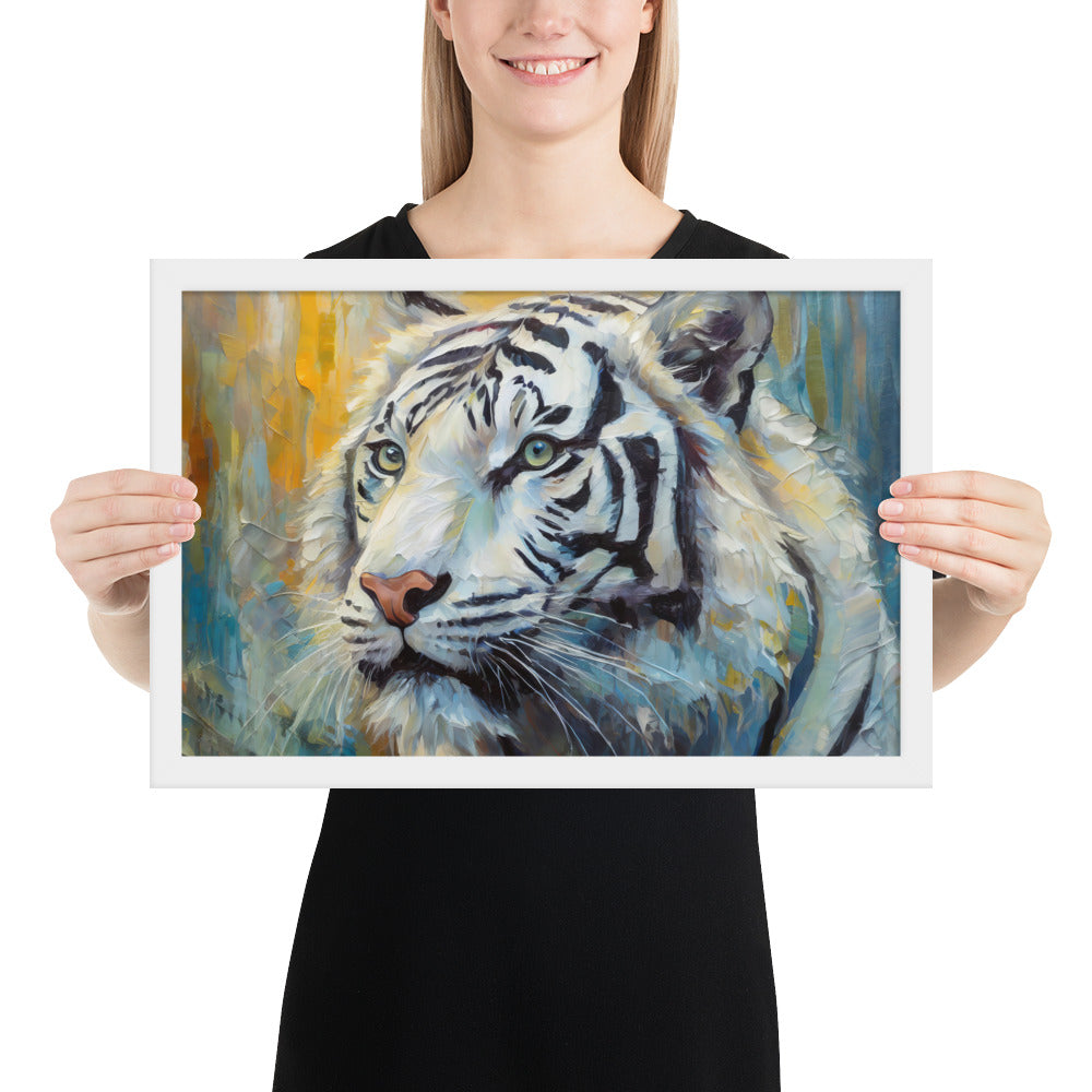 Majestic White Tiger Oil Painting Framed Poster Print - Vibrant, Stylish, Art Gift for Nature &amp; Wildlife Lovers, Home And Office Wall Décor