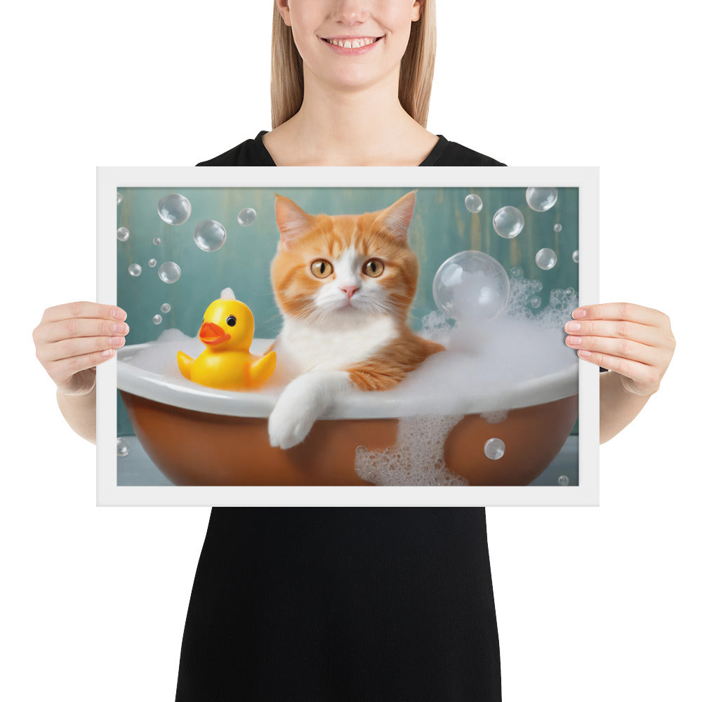 Adorable Cat Bubble Bath Framed Fine Art Poster Print - Perfect for Cat Lovers, Pet Enthusiasts, Kids, And Home Décor - Cute &amp; Funny Design