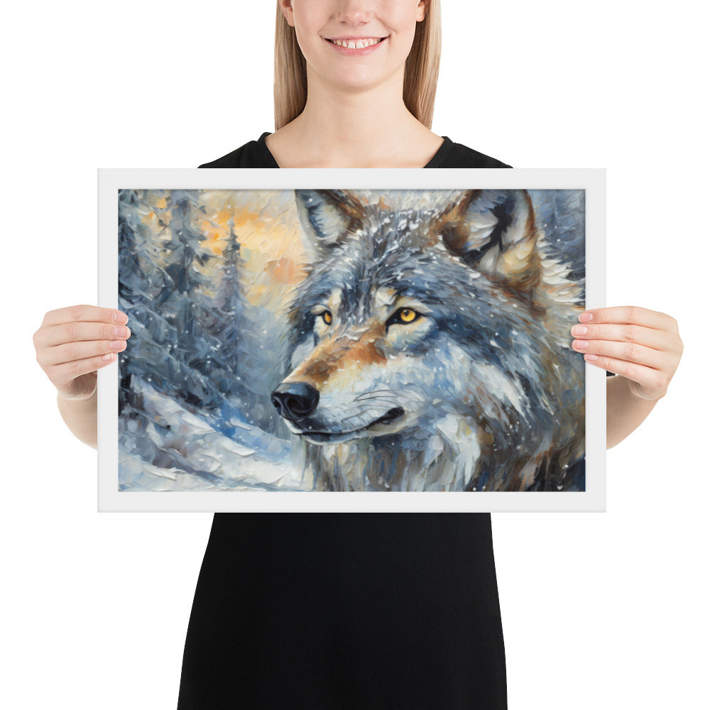 Beautiful Grey Wolf Framed Fine Art Poster Print - Vibrant Oil Painting, Winter Landscape, Perfect Gift For Nature, Winter &amp; Wildlife Lovers