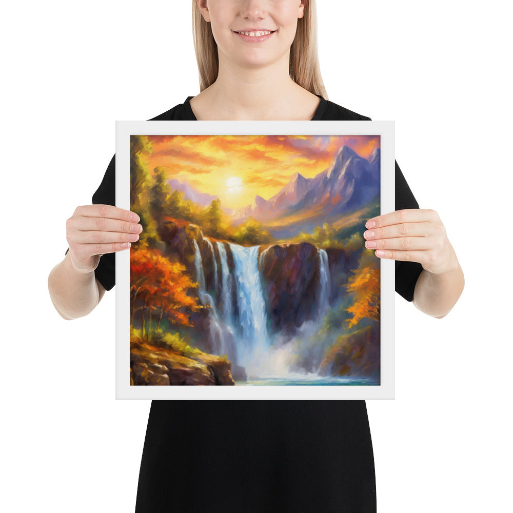 waterfall, waterfalls, nature, sunset, mountains, sunset, trees, clouds, art