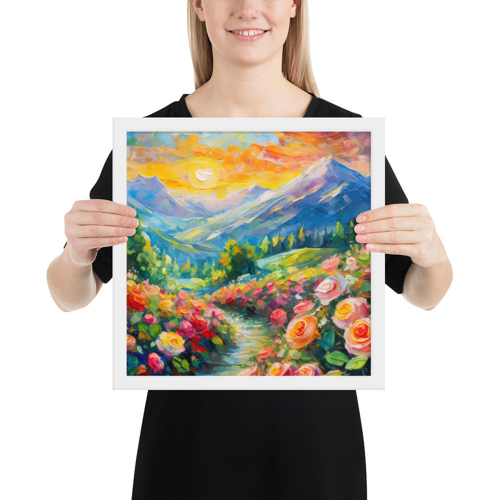 mountains, flowers, roses, sunset, clouds, landscape, scenic, colors, colorful,