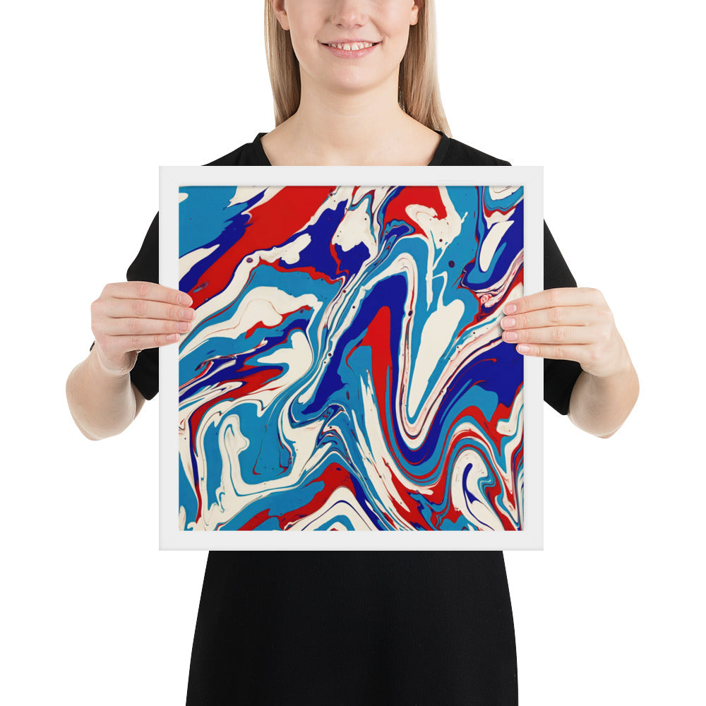 Vibrant Red, White & Blue Flow Acrylic Painting Framed Fine Art Poster Print - Elegant Abstract Modern Art for Home And Office Wall Décor