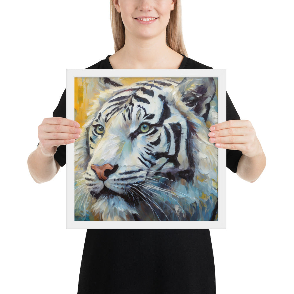 Majestic White Tiger Oil Painting Framed Poster Print - Vibrant, Stylish, Art Gift for Nature &amp; Wildlife Lovers, Home And Office Wall Décor