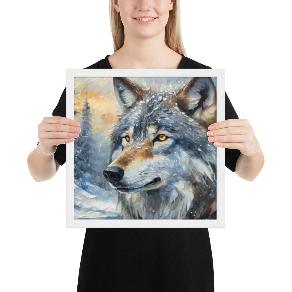 Beautiful Grey Wolf Framed Fine Art Poster Print - Vibrant Oil Painting, Winter Landscape, Perfect Gift For Nature, Winter &amp; Wildlife Lovers