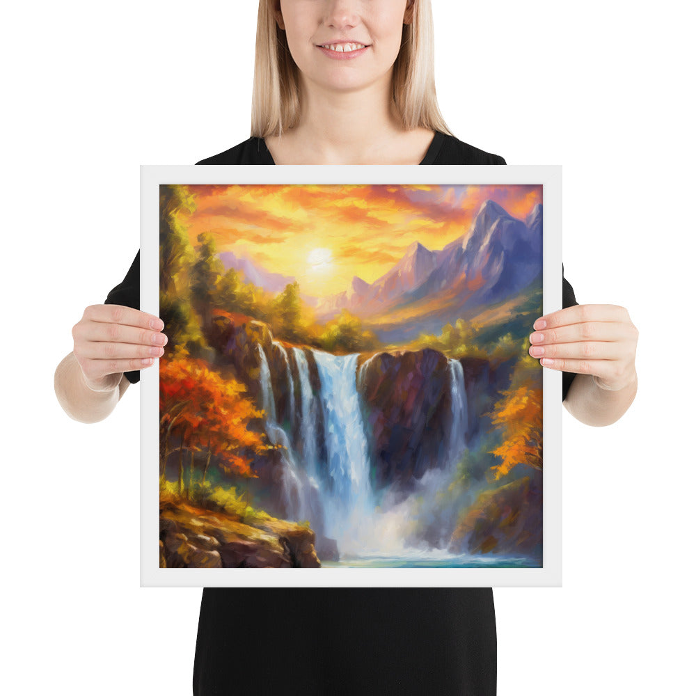 waterfall, waterfalls, nature, sunset, mountains, sunset, trees, clouds, art