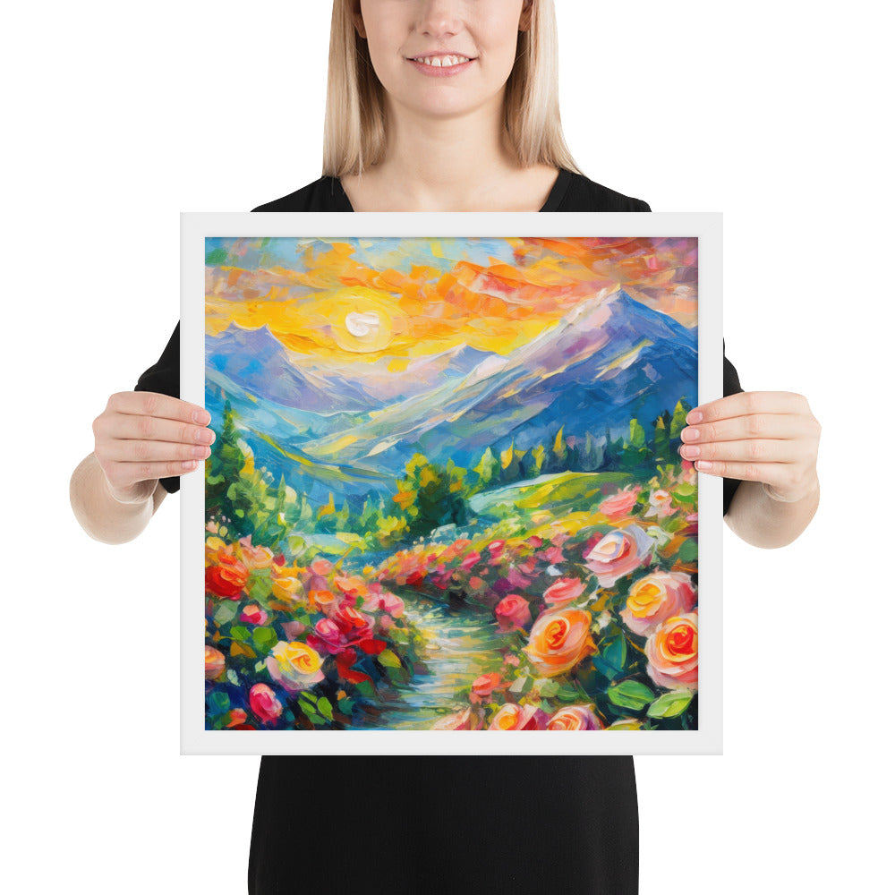 mountains, flowers, roses, sunset, clouds, landscape, scenic, colors, colorful,