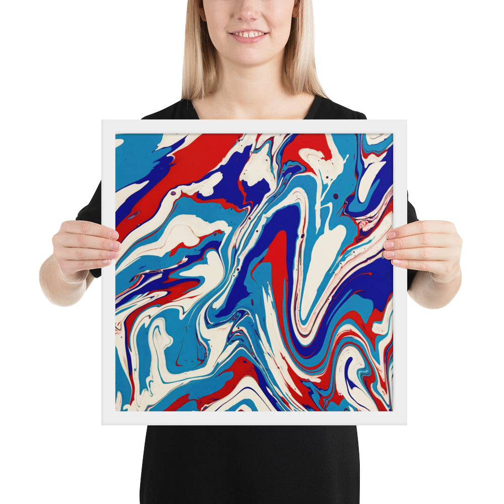 Vibrant Red, White & Blue Flow Acrylic Painting Framed Fine Art Poster Print - Elegant Abstract Modern Art for Home And Office Wall Décor