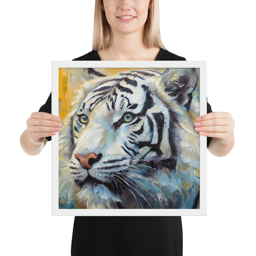 Majestic White Tiger Oil Painting Framed Poster Print - Vibrant, Stylish, Art Gift for Nature &amp; Wildlife Lovers, Home And Office Wall Décor