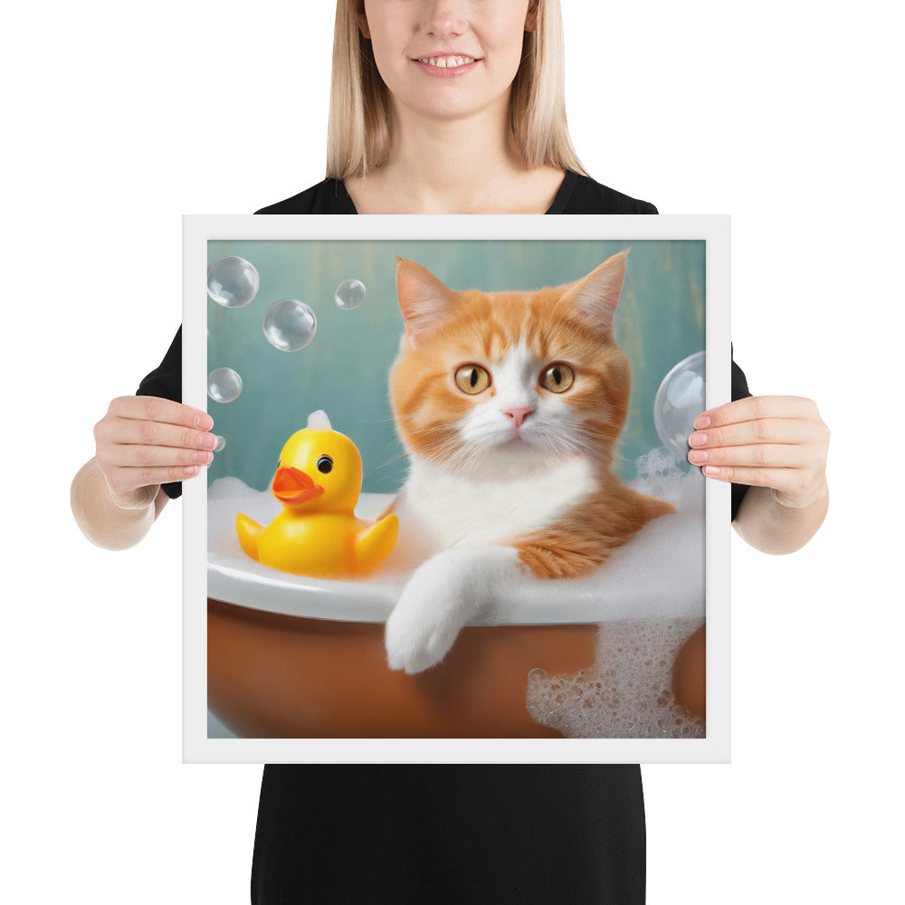 Adorable Cat Bubble Bath Framed Fine Art Poster Print - Perfect for Cat Lovers, Pet Enthusiasts, Kids, And Home Décor - Cute &amp; Funny Design