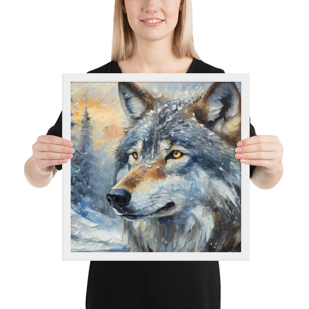 Beautiful Grey Wolf Framed Fine Art Poster Print - Vibrant Oil Painting, Winter Landscape, Perfect Gift For Nature, Winter &amp; Wildlife Lovers