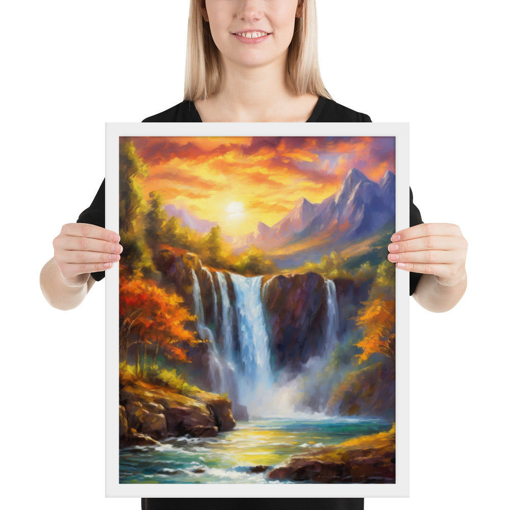 waterfall, waterfalls, nature, sunset, mountains, sunset, trees, clouds, art