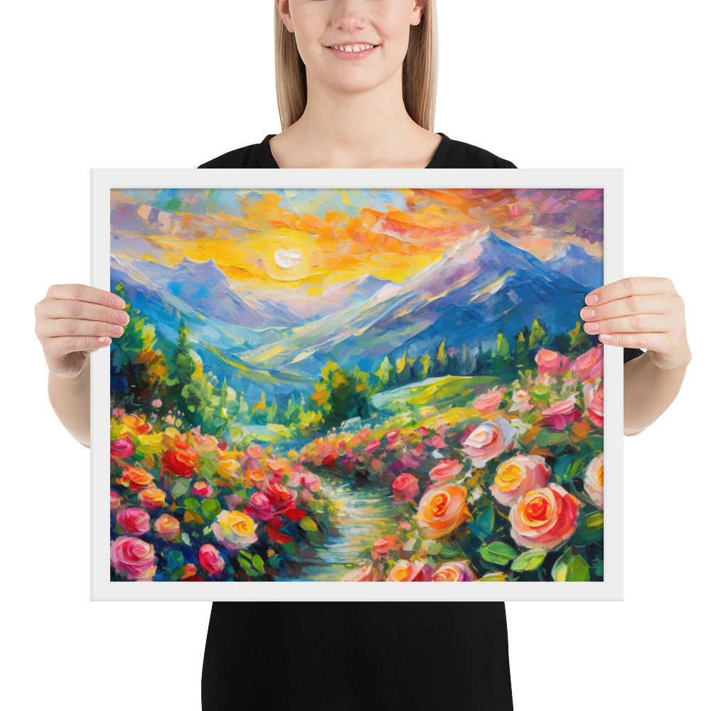 mountains, flowers, roses, sunset, clouds, landscape, scenic, colors, colorful,