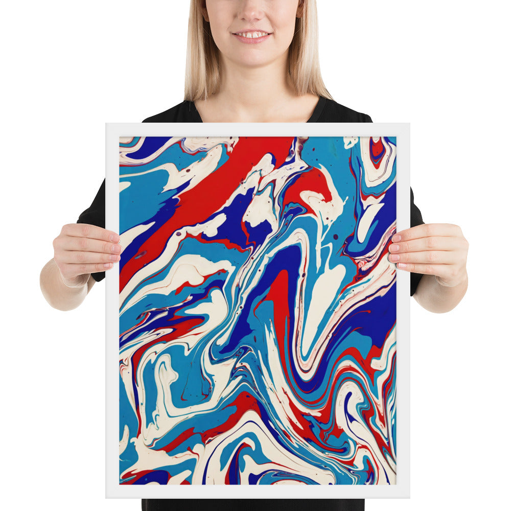 Vibrant Red, White & Blue Flow Acrylic Painting Framed Fine Art Poster Print - Elegant Abstract Modern Art for Home And Office Wall Décor