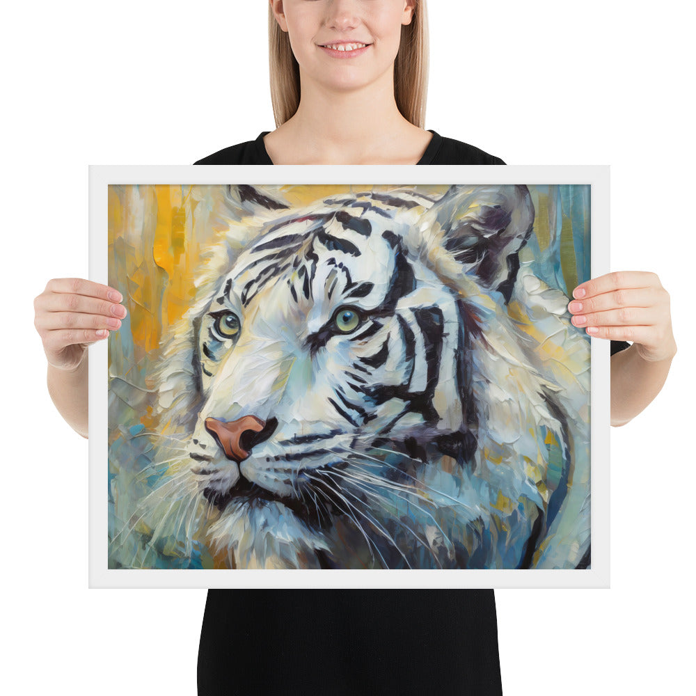Majestic White Tiger Oil Painting Framed Poster Print - Vibrant, Stylish, Art Gift for Nature &amp; Wildlife Lovers, Home And Office Wall Décor