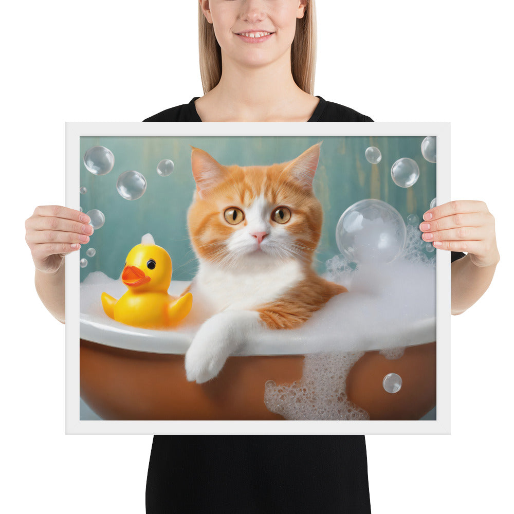 Adorable Cat Bubble Bath Framed Fine Art Poster Print - Perfect for Cat Lovers, Pet Enthusiasts, Kids, And Home Décor - Cute &amp; Funny Design