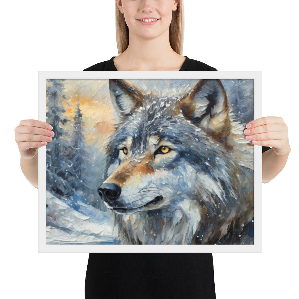 Beautiful Grey Wolf Framed Fine Art Poster Print - Vibrant Oil Painting, Winter Landscape, Perfect Gift For Nature, Winter &amp; Wildlife Lovers