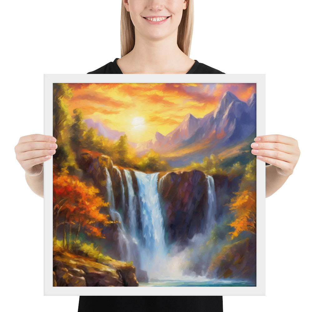waterfall, waterfalls, nature, sunset, mountains, sunset, trees, clouds, art