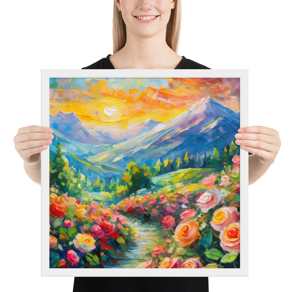 mountains, flowers, roses, sunset, clouds, landscape, scenic, colors, colorful,