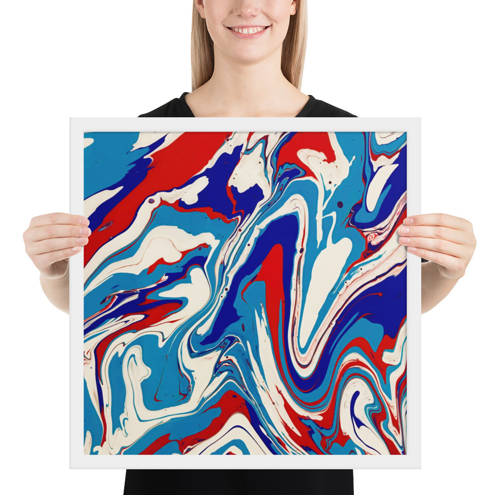 Vibrant Red, White & Blue Flow Acrylic Painting Framed Fine Art Poster Print - Elegant Abstract Modern Art for Home And Office Wall Décor