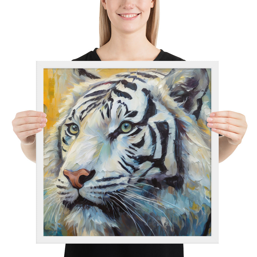 Majestic White Tiger Oil Painting Framed Poster Print - Vibrant, Stylish, Art Gift for Nature &amp; Wildlife Lovers, Home And Office Wall Décor