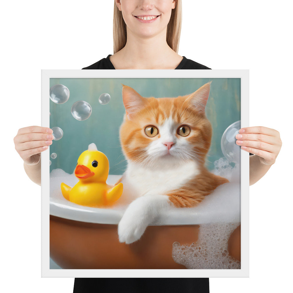 Adorable Cat Bubble Bath Framed Fine Art Poster Print - Perfect for Cat Lovers, Pet Enthusiasts, Kids, And Home Décor - Cute &amp; Funny Design