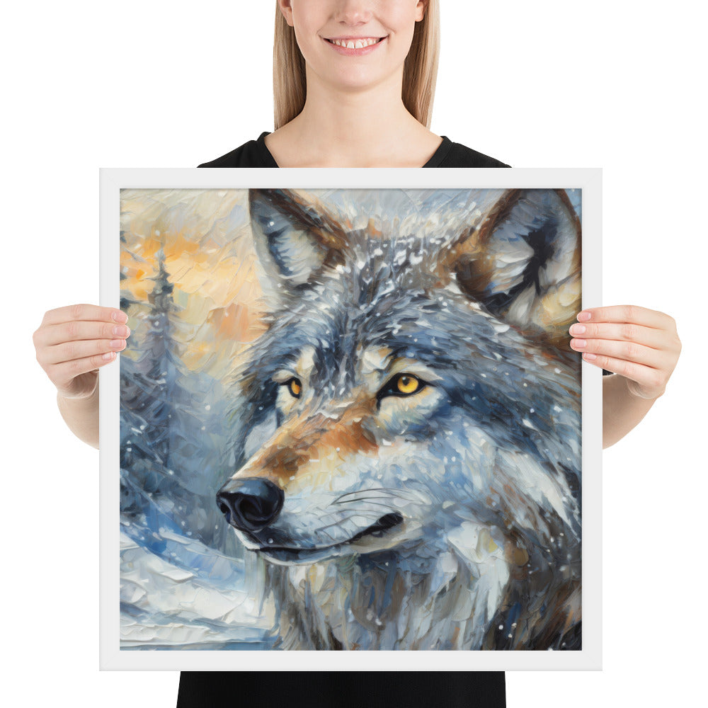 Beautiful Grey Wolf Framed Fine Art Poster Print - Vibrant Oil Painting, Winter Landscape, Perfect Gift For Nature, Winter &amp; Wildlife Lovers