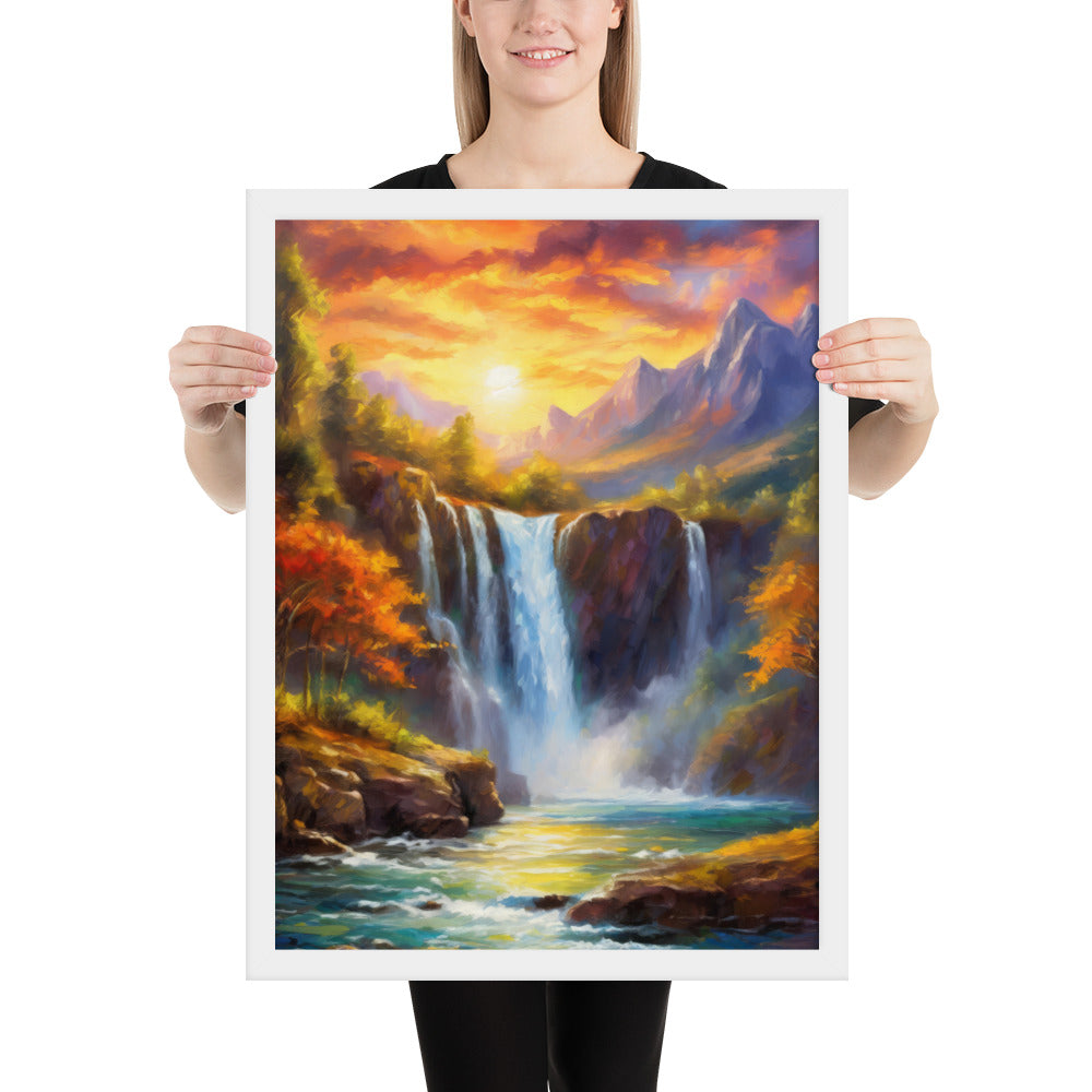 waterfall, waterfalls, nature, sunset, mountains, sunset, trees, clouds, art