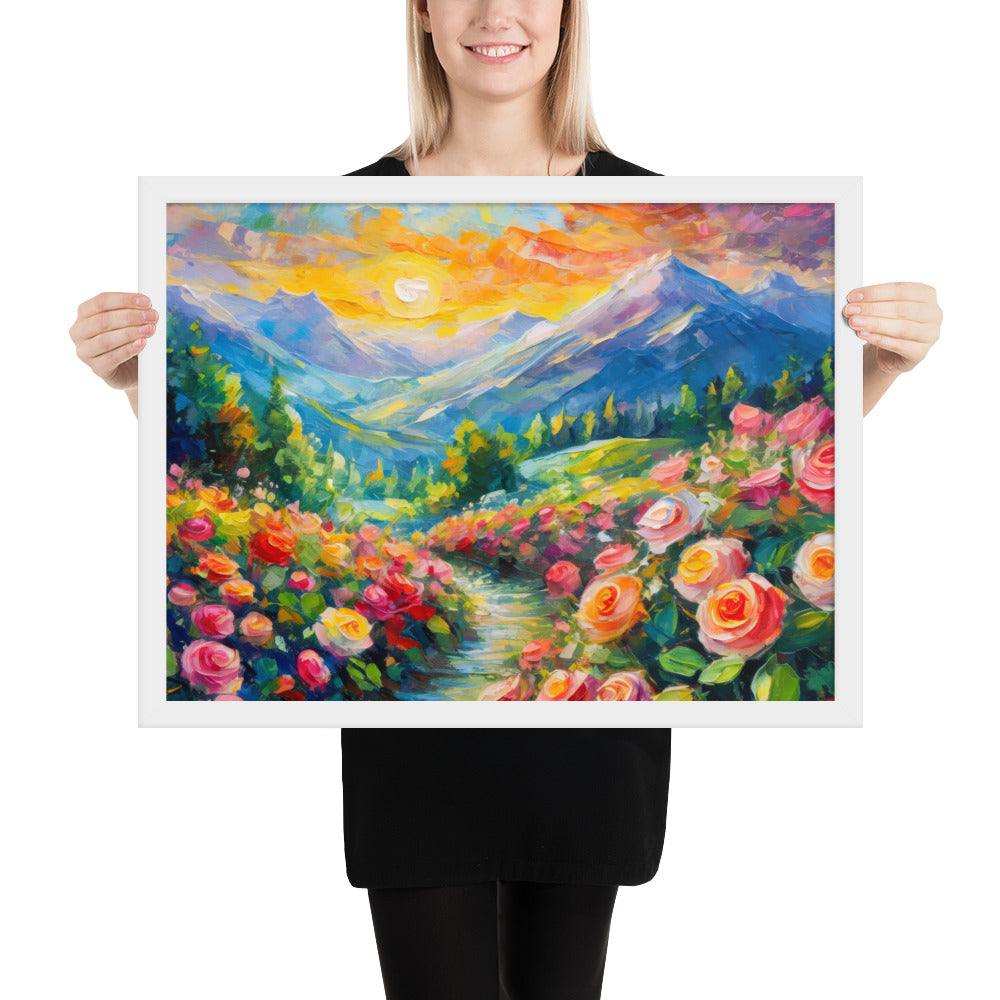 mountains, flowers, roses, sunset, clouds, landscape, scenic, colors, colorful,