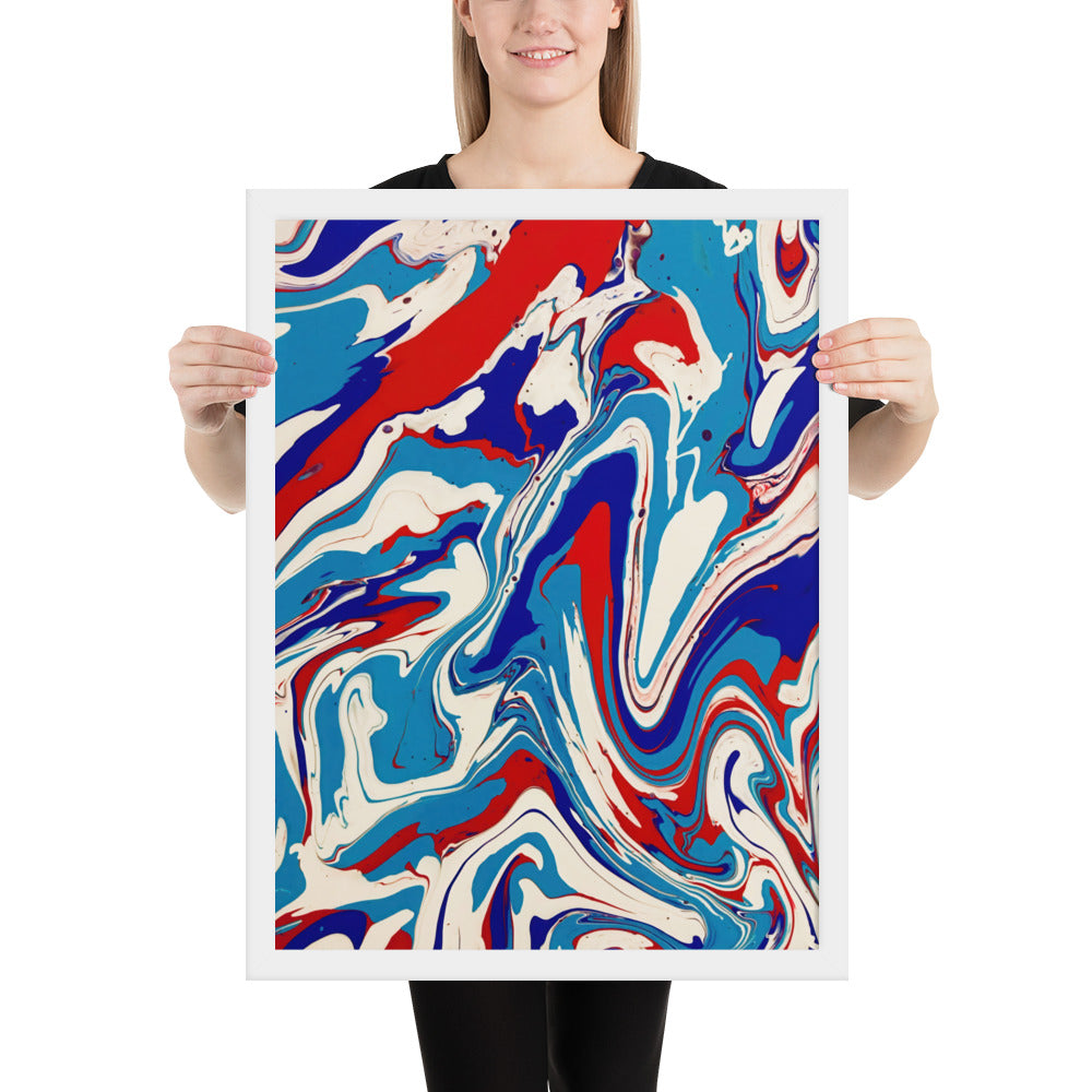 Vibrant Red, White & Blue Flow Acrylic Painting Framed Fine Art Poster Print - Elegant Abstract Modern Art for Home And Office Wall Décor