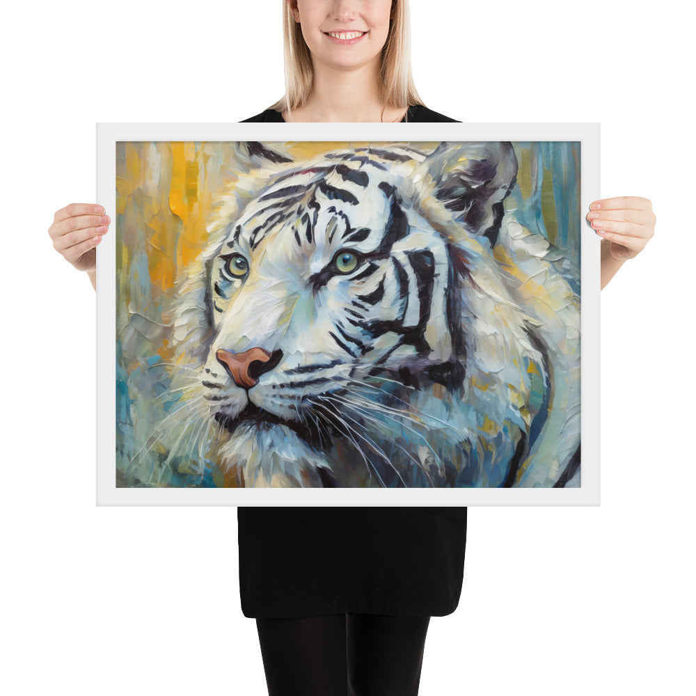 Majestic White Tiger Oil Painting Framed Poster Print - Vibrant, Stylish, Art Gift for Nature &amp; Wildlife Lovers, Home And Office Wall Décor