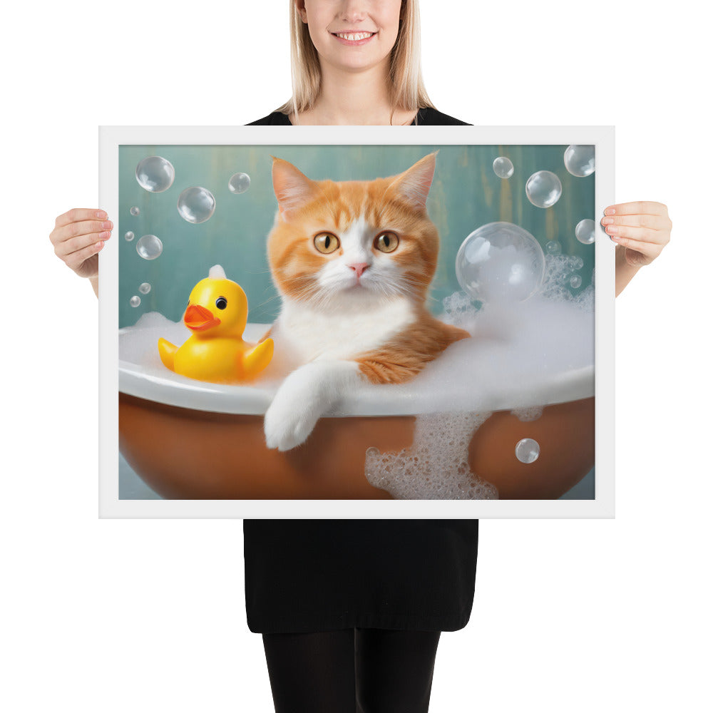 Adorable Cat Bubble Bath Framed Fine Art Poster Print - Perfect for Cat Lovers, Pet Enthusiasts, Kids, And Home Décor - Cute &amp; Funny Design