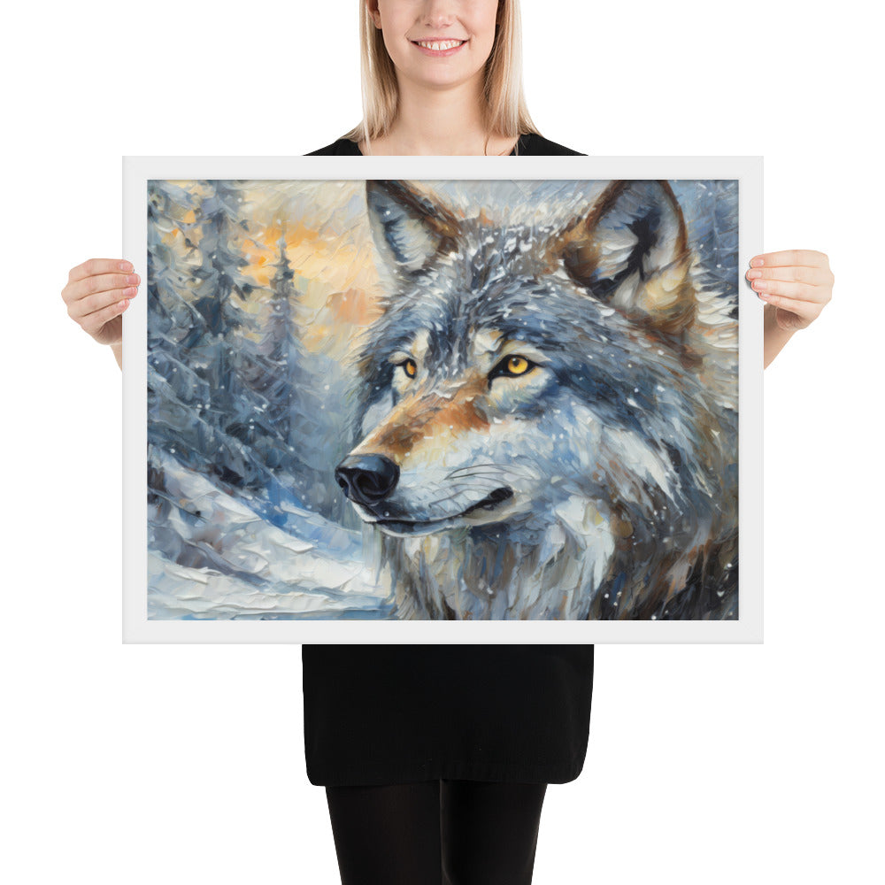 Beautiful Grey Wolf Framed Fine Art Poster Print - Vibrant Oil Painting, Winter Landscape, Perfect Gift For Nature, Winter &amp; Wildlife Lovers