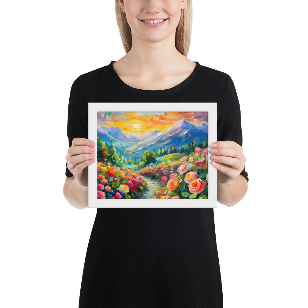 mountains, flowers, roses, sunset, clouds, landscape, scenic, colors, colorful,